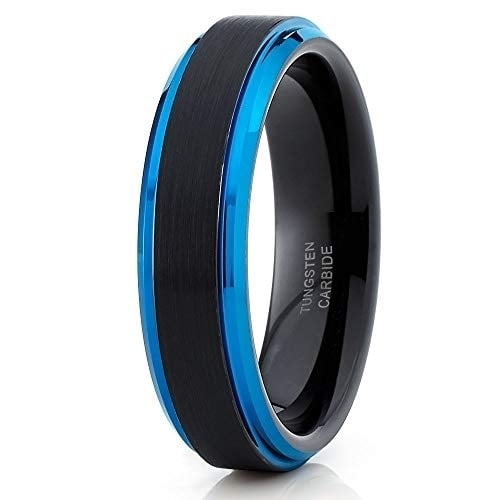 Black Tungsten Ring Wedding Band Blue Tungsten Ring Ring 6mm Brush Ring Comfort Fit (9) Image 1