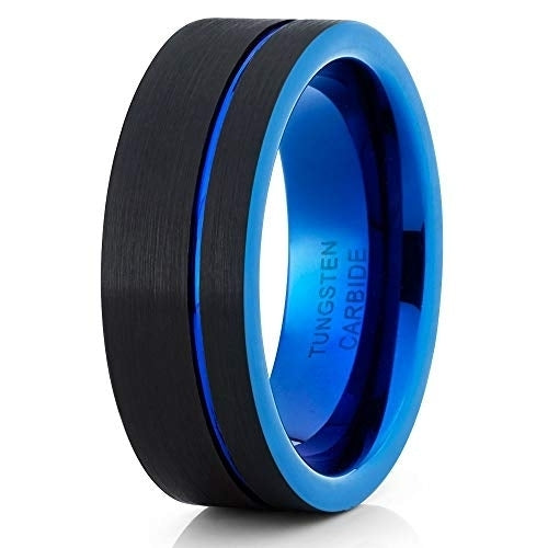 8mm Blue Tungsten Wedding Ring Black Tungsten Ring Anniversary Ring Men and Women Blue Wedding Band Comfort Fit (9.5) Image 1