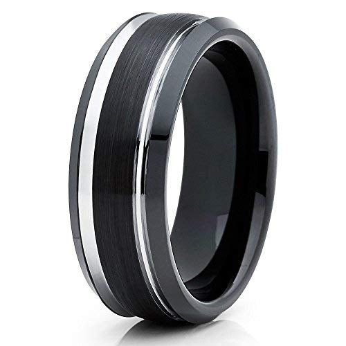 8mm Black Brushed Tungsten Carbide Ring Unique Silver Edged Wedding Band (6) (7) Image 1