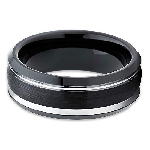 8mm Black Brushed Tungsten Carbide Ring Unique Silver Edged Wedding Band (6) (7) Image 2