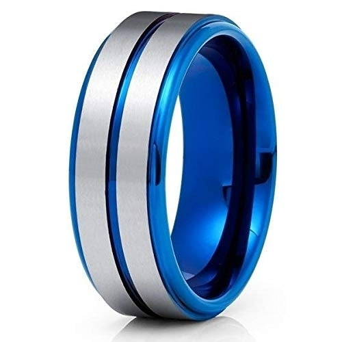 8mm Blue Tungsten Ring - Silver Tungsten Ring - Blue Wedding Band (13) Image 1