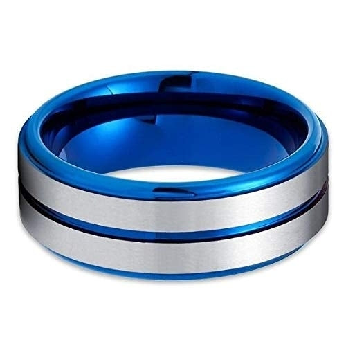 8mm Blue Tungsten Ring - Silver Tungsten Ring - Blue Wedding Band (13) Image 3