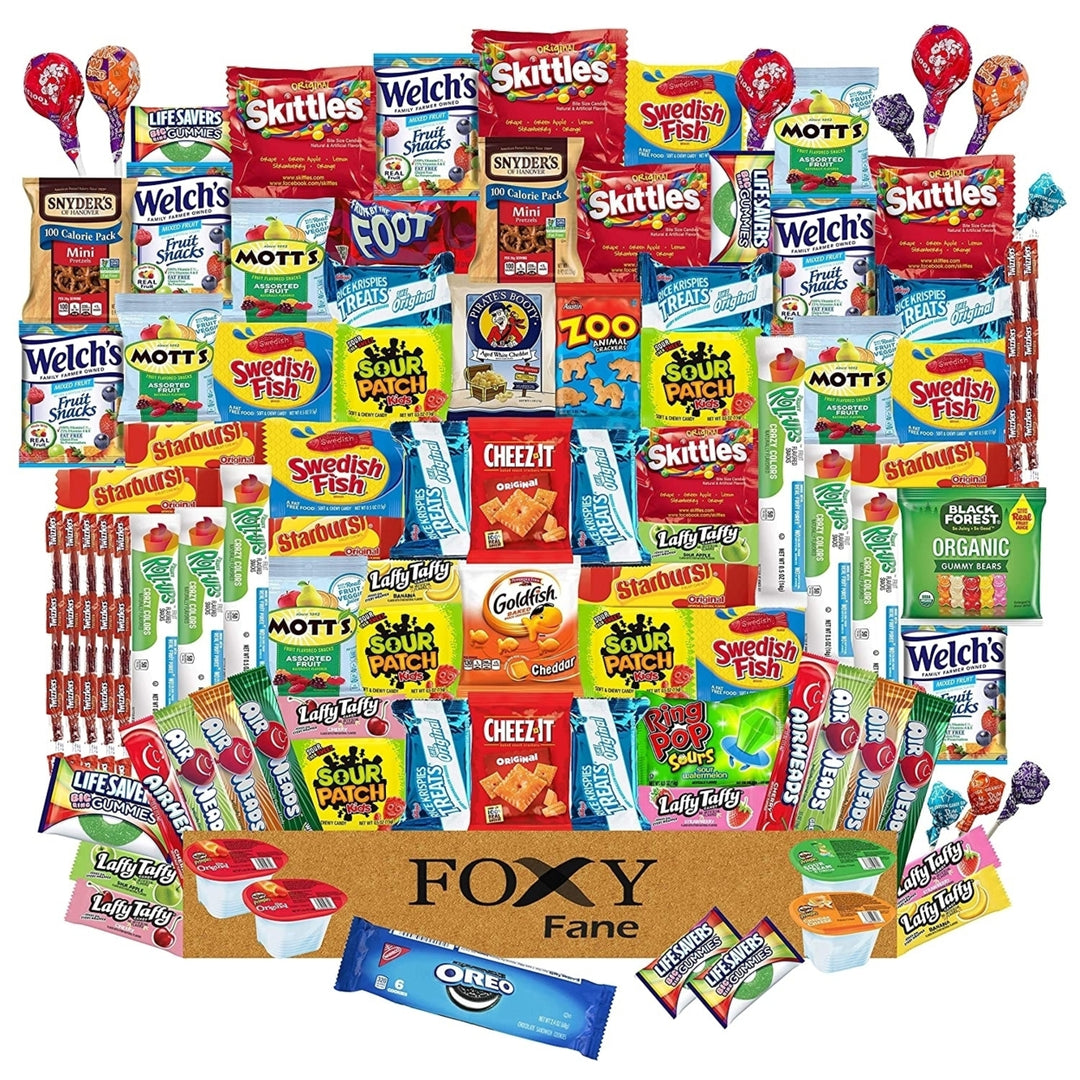 100 count Ultimate Gift Basket w/ Variety Assortment of CrackersCookiesCandy and Chips - Bulk Bundle of Tasty Treats Image 1
