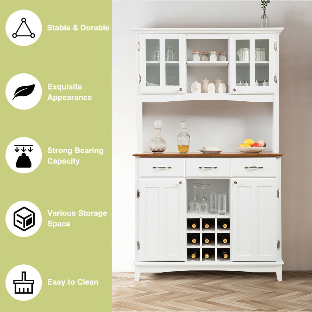 Buffet And Hutch Kitchen Storage Cabinet Cupboard w/ Wine Rack and Drawers White Image 6