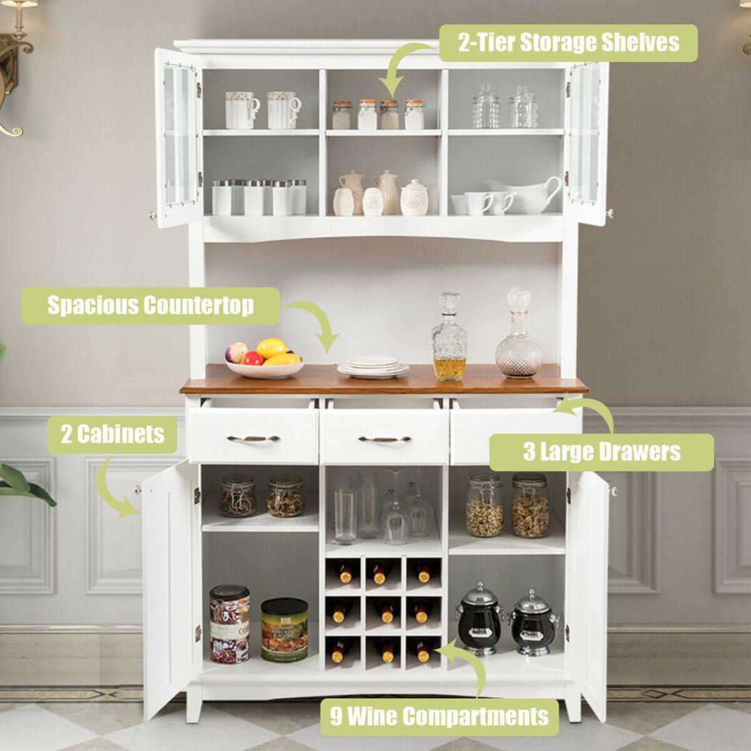 Buffet And Hutch Kitchen Storage Cabinet Cupboard w/ Wine Rack and Drawers White Image 7