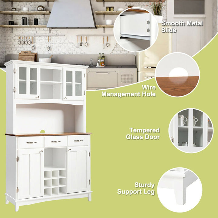 Buffet And Hutch Kitchen Storage Cabinet Cupboard w/ Wine Rack and Drawers White Image 9