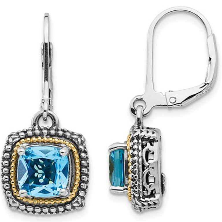 3.80 Carat (ctw) Blue Topaz Dangle Earrings in Sterling Silver with 14K Gold Accent Image 1