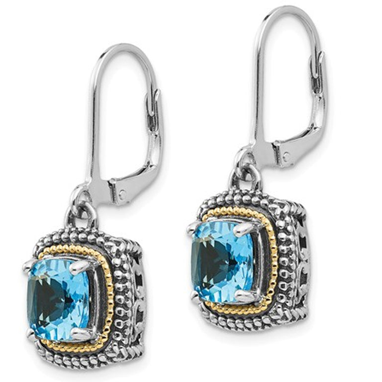 3.80 Carat (ctw) Blue Topaz Dangle Earrings in Sterling Silver with 14K Gold Accent Image 3