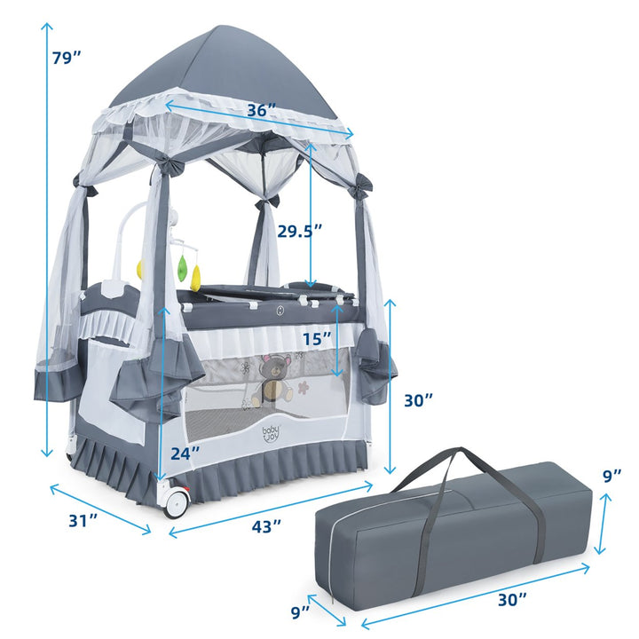 4 in 1 Portable Baby Playard Crib Bed w/Changing Table Canopy Music BoxGrey Image 10