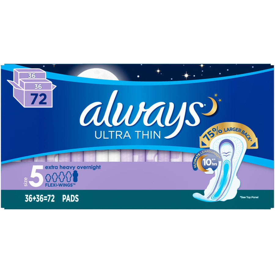 Always Ultra ThinSize 5Extra Heavy Overnight Pads With Wings(72 Count) Image 1