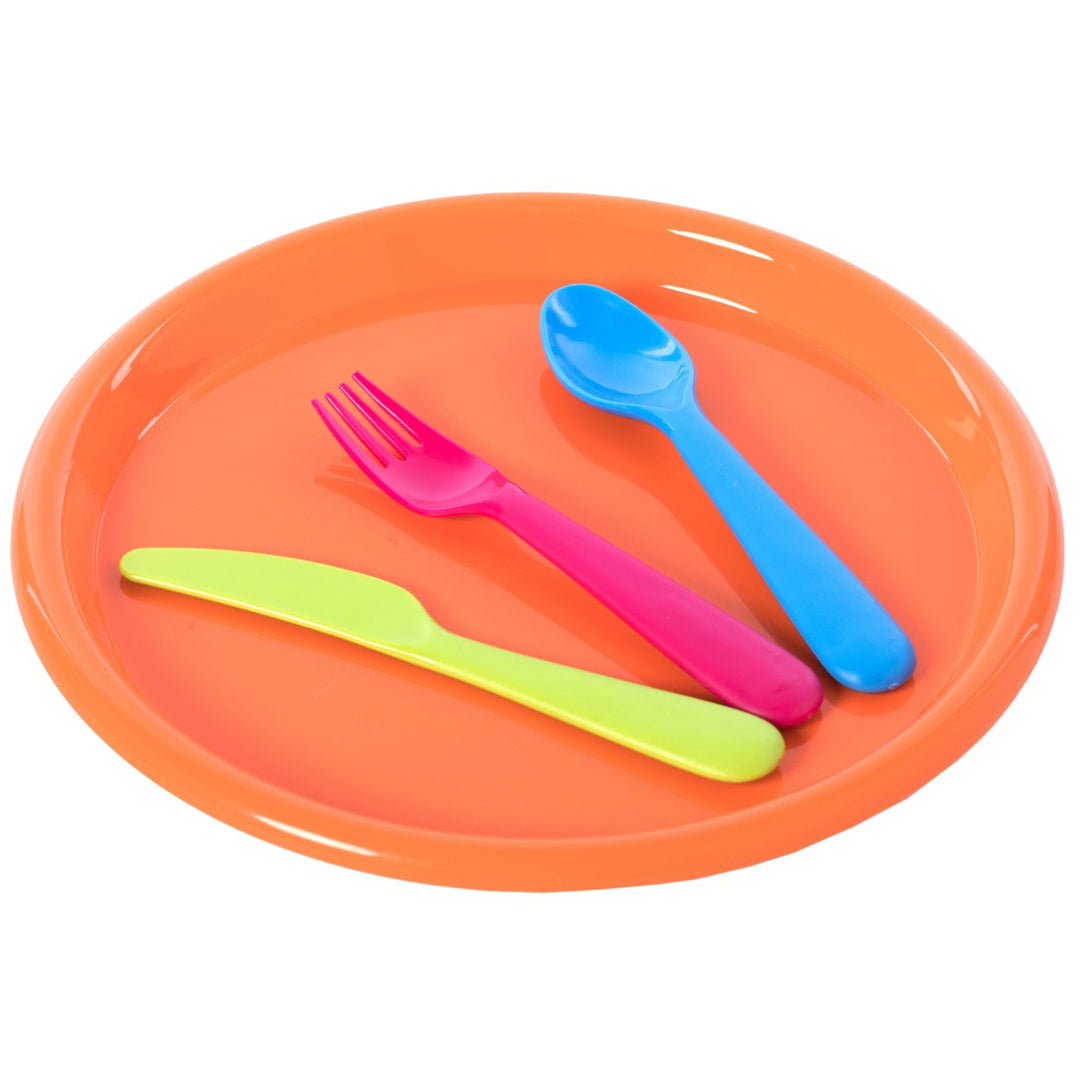 Reusable Cutlery Set for Kids 4 Plastic Plates Spoons Forks Knives Assorted Colors Image 1