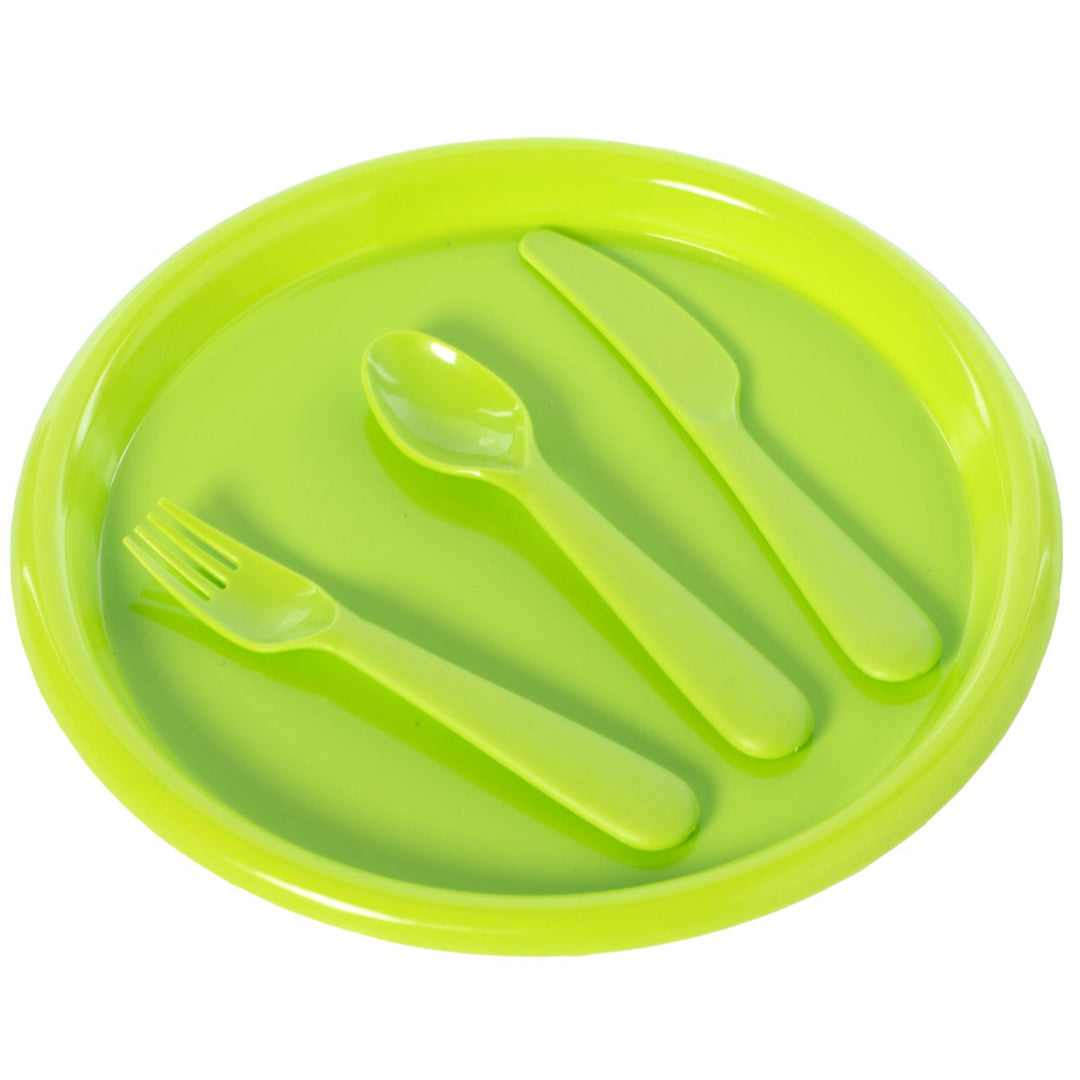 Reusable Cutlery Set for Kids 4 Plastic Plates Spoons Forks Knives Assorted Colors Image 1