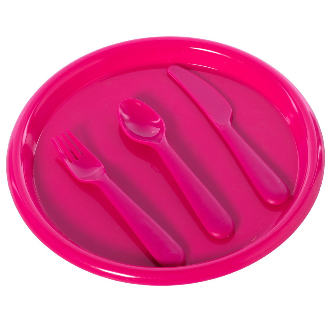 Reusable Cutlery Set for Kids 4 Plastic Plates Spoons Forks Knives Assorted Colors Image 1