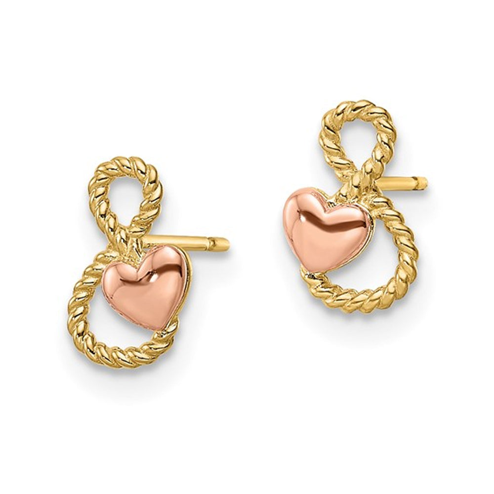 14K Yellow and Rose Pink Infinity Heart Post Earrings Image 2