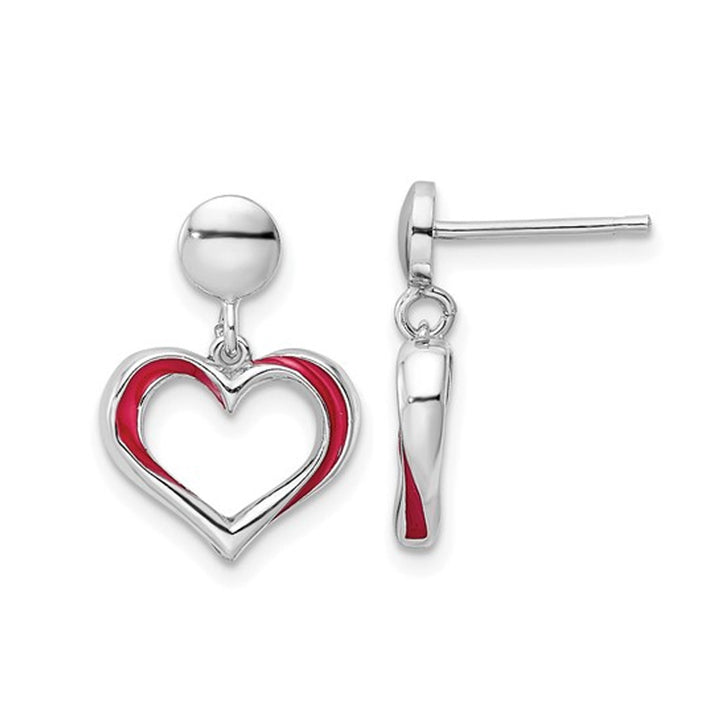 Sterling Silver Red Enamel Heart Dangle Post Earrings Image 1