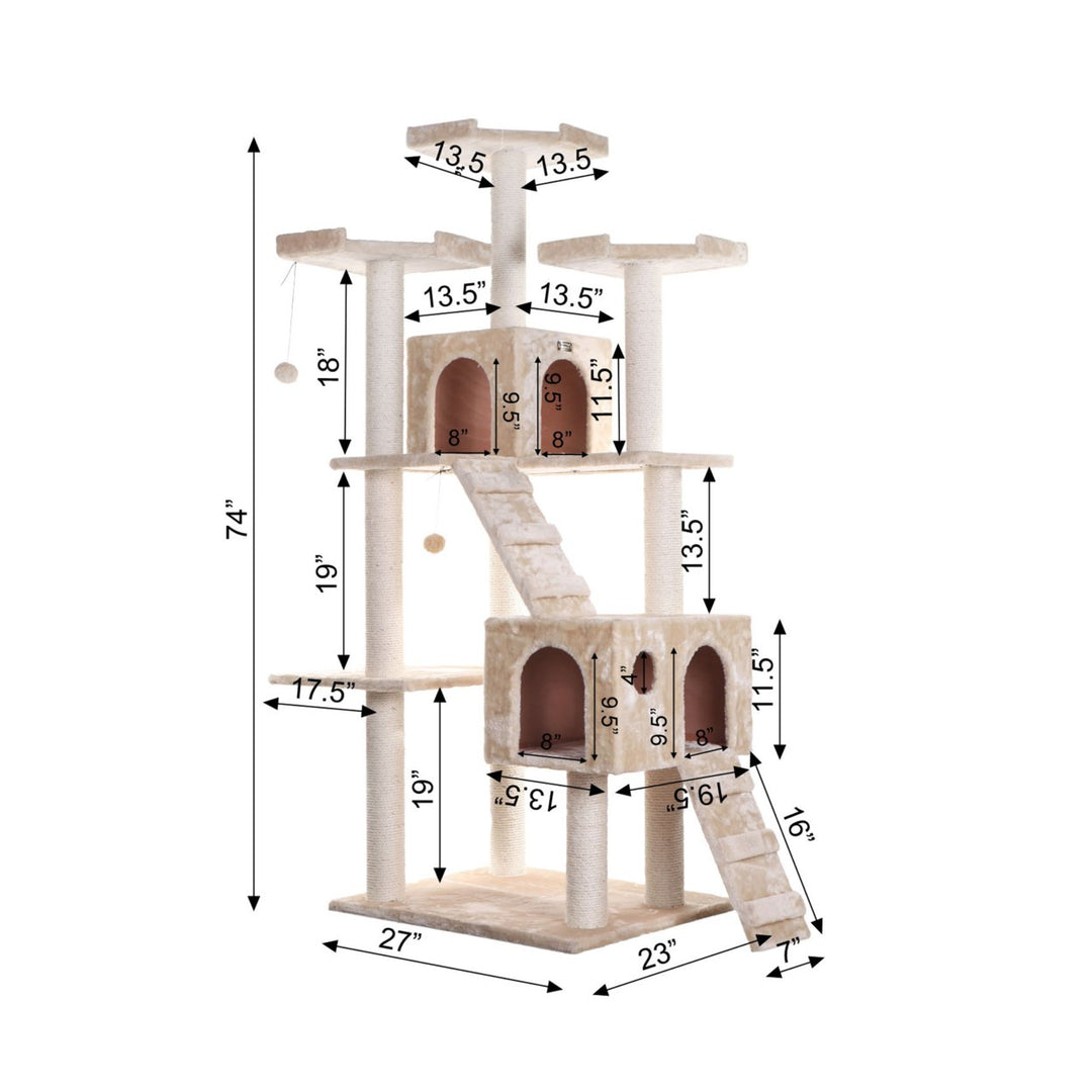 Armarkat A7401 Cat Tree 74 Inch Beige Real Wood with Playhouses and Scratching Posts Image 2