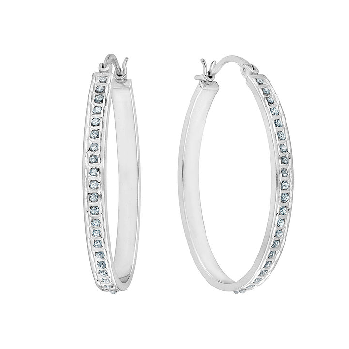 Oval Hoop Earrings in Sterling Silver with Diamonds Accents (1 1/2 Inch) Image 2