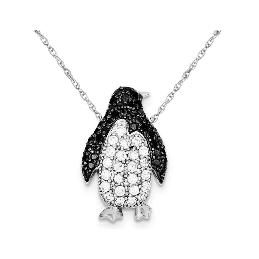 Sterling Silver Penguin Charm Pendant Necklace with Black and White Synthetic Cubic Zirconia (CZ) Image 1