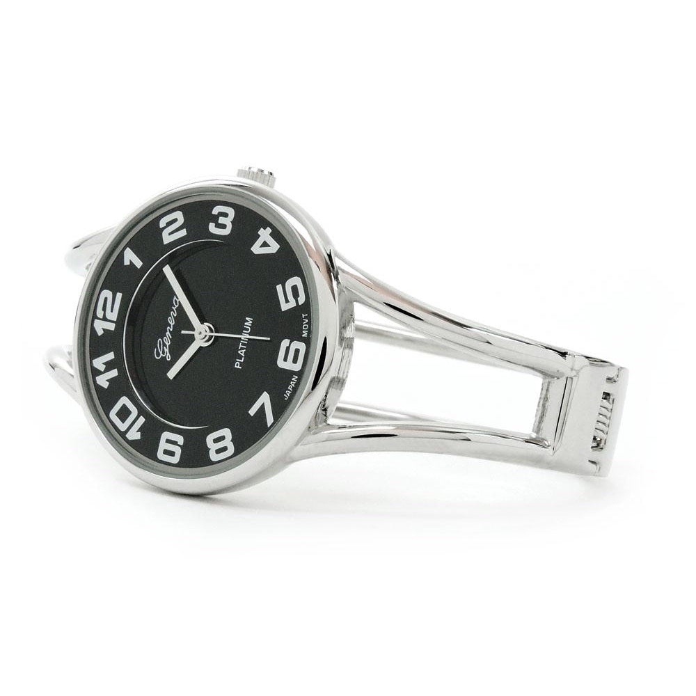 Silver Black Round Face Metal Double Band Fashion Womens Bangle Cuff Watch Image 2