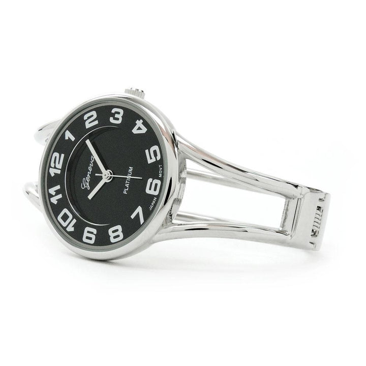 Silver Black Round Face Metal Double Band Fashion Womens Bangle Cuff Watch Image 2
