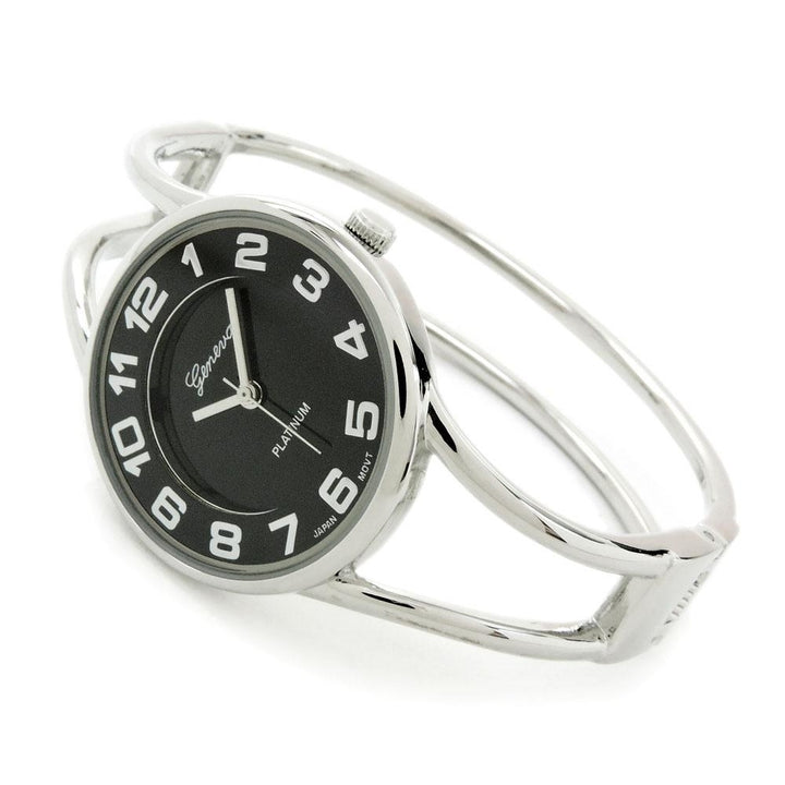 Silver Black Round Face Metal Double Band Fashion Womens Bangle Cuff Watch Image 3