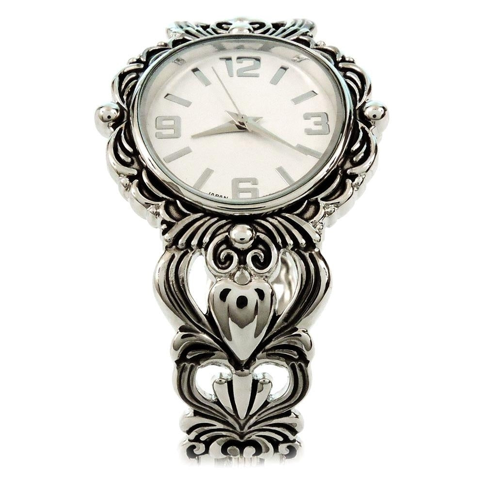 Silver Metal Decorated Large Oval Face Womens Bangle Cuff Watch Image 3