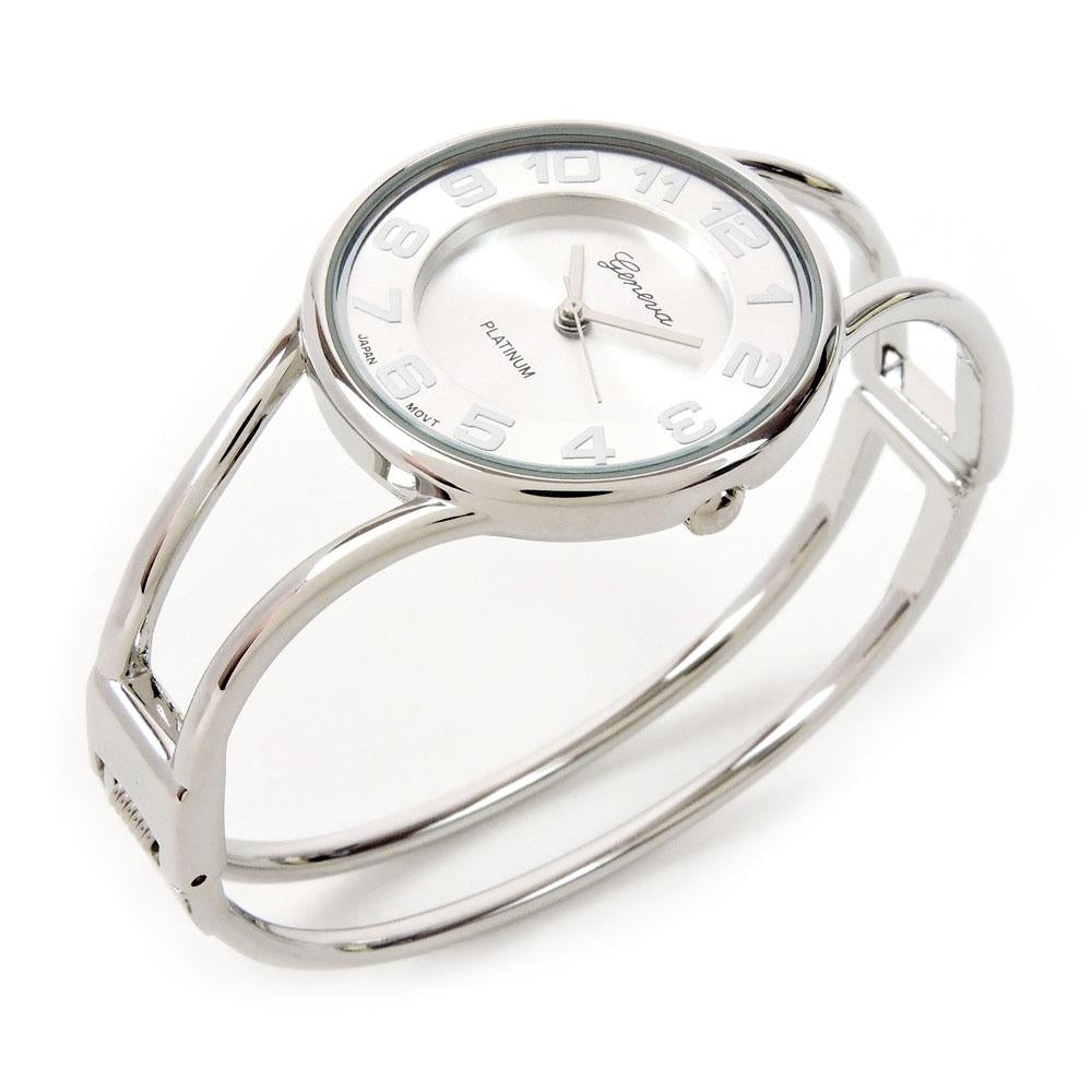 Silver Round Face Metal Double Band Fashion Womens Bangle Cuff Watch Image 4