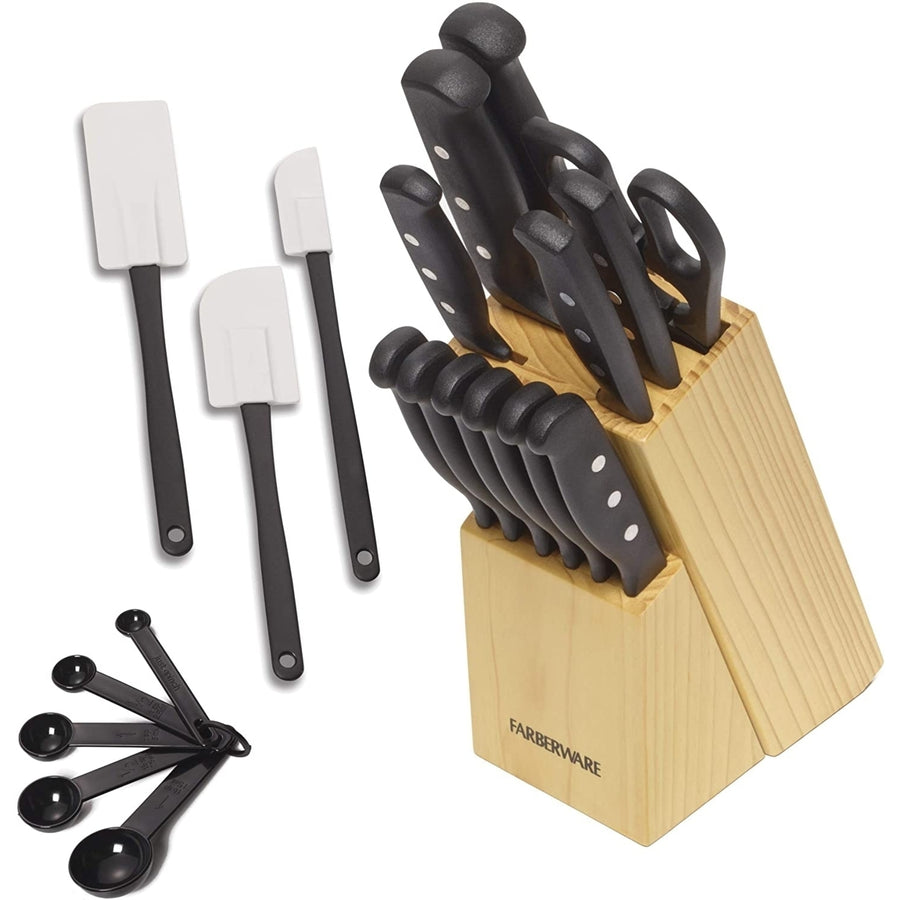 Farberware 22-Piece High-Carbon Stainless Steel Knife Block and Kitchen Tool Set, Black Image 1