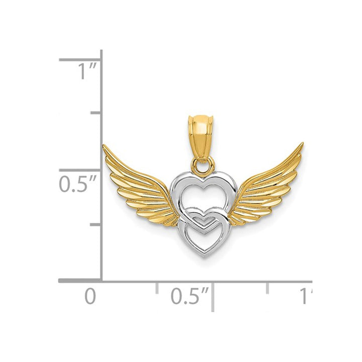 14K Yellow and White Gold Heart with Wings Charm Pendant Necklace with Chain Image 3