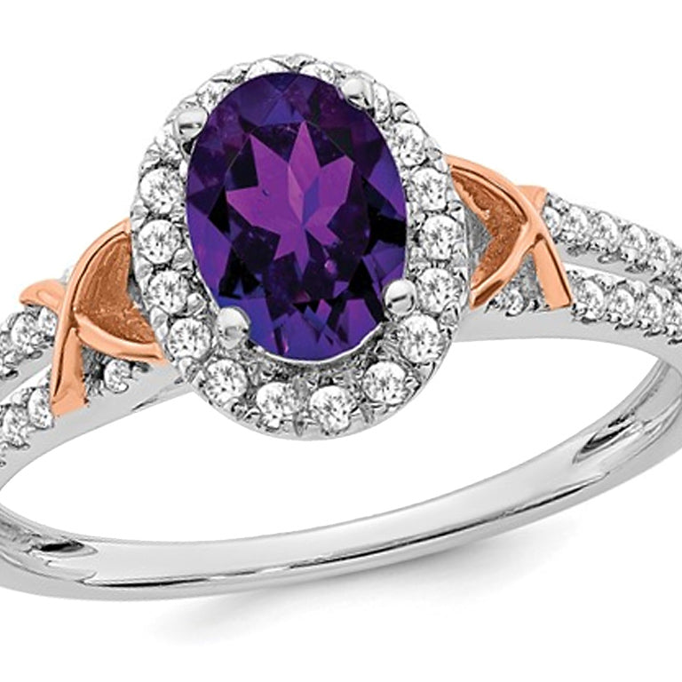 1.00 Carat (ctw) Amethyst Halo Ring with Diamonds in 14K White Gold Image 1