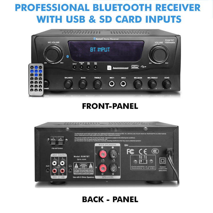 Technical Pro 1000W Bluetooth Home Amplifier and Receiver + (Qty 6) 5.25" In-Ceiling Stereo Speakers + Handheld Image 3