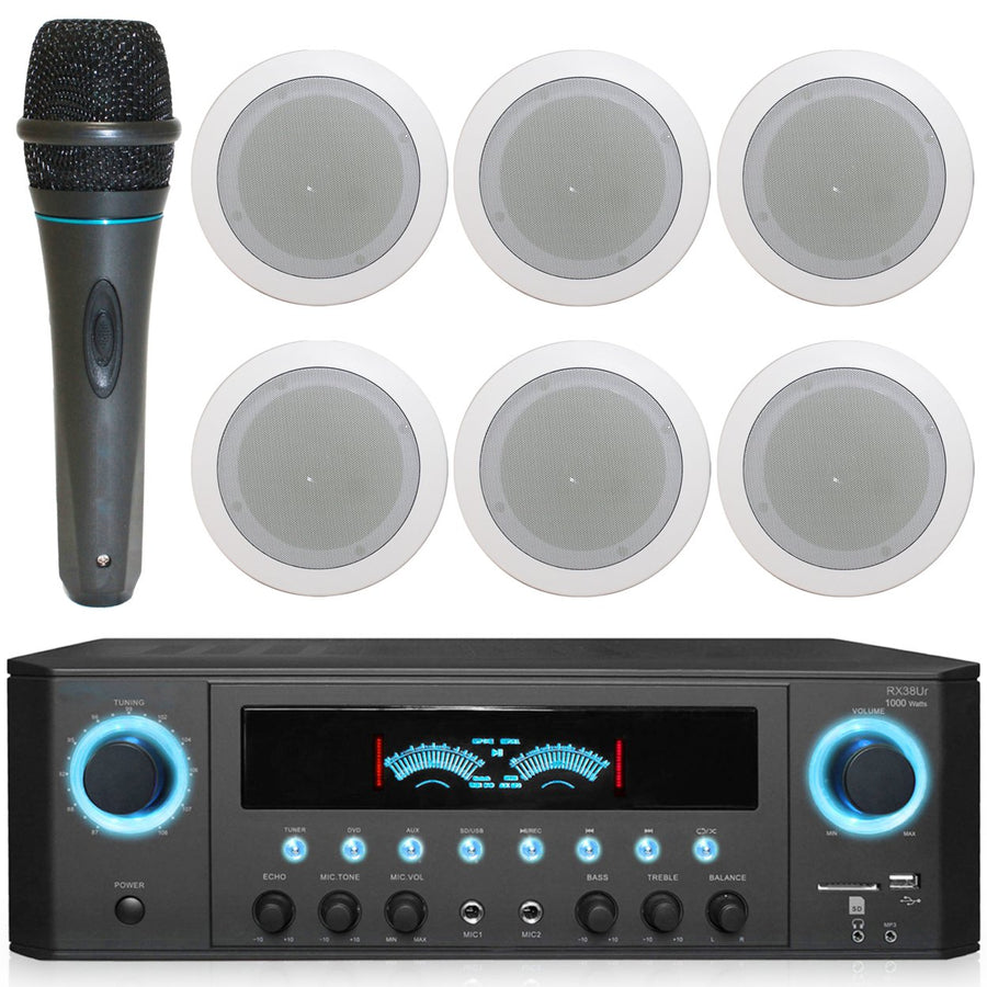 Technical Pro 1000W Bluetooth Home System w/USB/SD Inputs + (Qty 6) 6.5" flush mount In-Ceiling Stereo Speakers + Mic Image 1