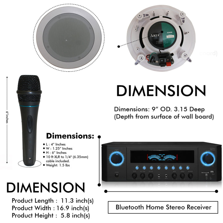Technical Pro 1000W Bluetooth Home System w/USB/SD Inputs + (Qty 6) 6.5" flush mount In-Ceiling Stereo Speakers + Mic Image 2