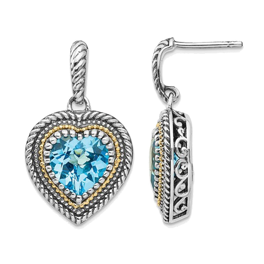 5.75 Carat (ctw) Swiss Blue Topaz Dangle Heart Earrings in Sterling Silver with 14K Gold Accent Image 1