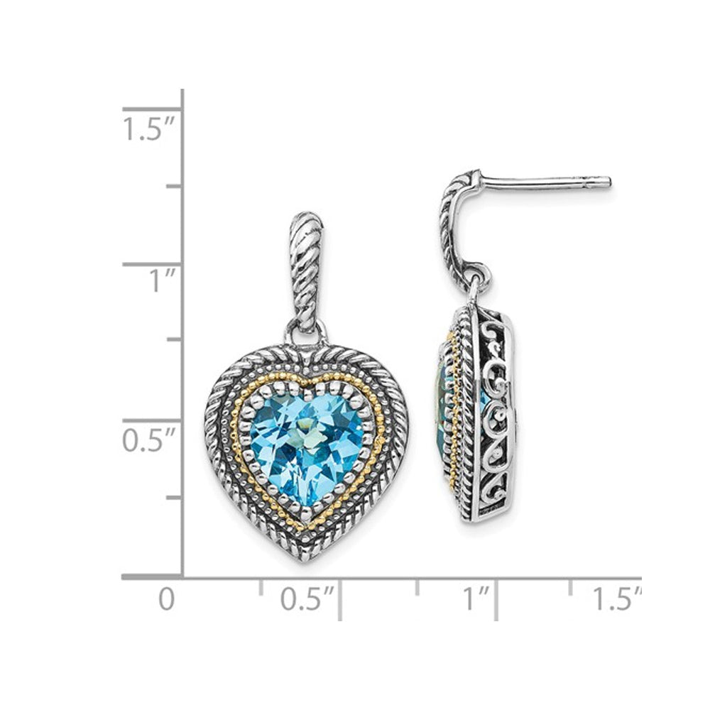5.75 Carat (ctw) Swiss Blue Topaz Dangle Heart Earrings in Sterling Silver with 14K Gold Accent Image 2