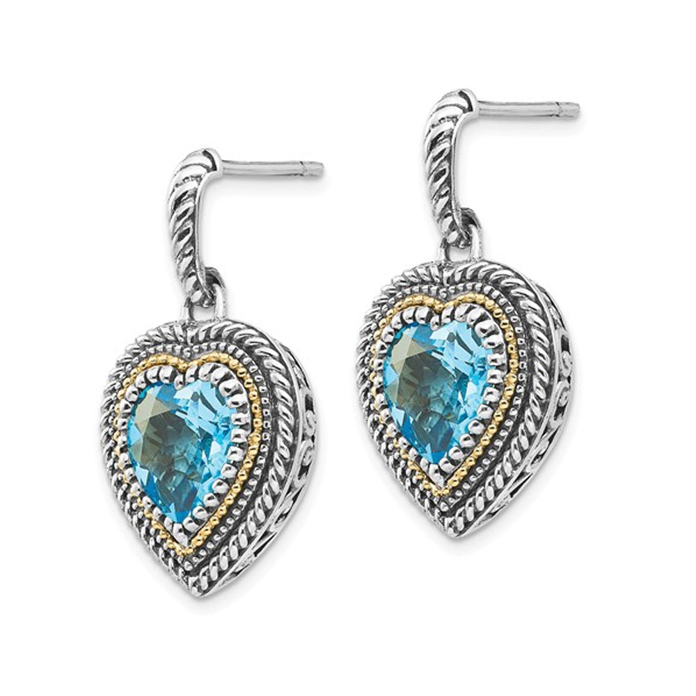 5.75 Carat (ctw) Swiss Blue Topaz Dangle Heart Earrings in Sterling Silver with 14K Gold Accent Image 3