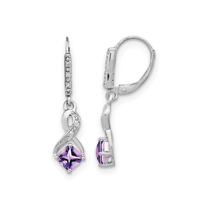 2/5 Carat (ctw) Square Amethyst Drop Earrings in Sterling Silver with Accent Diamonds Image 1