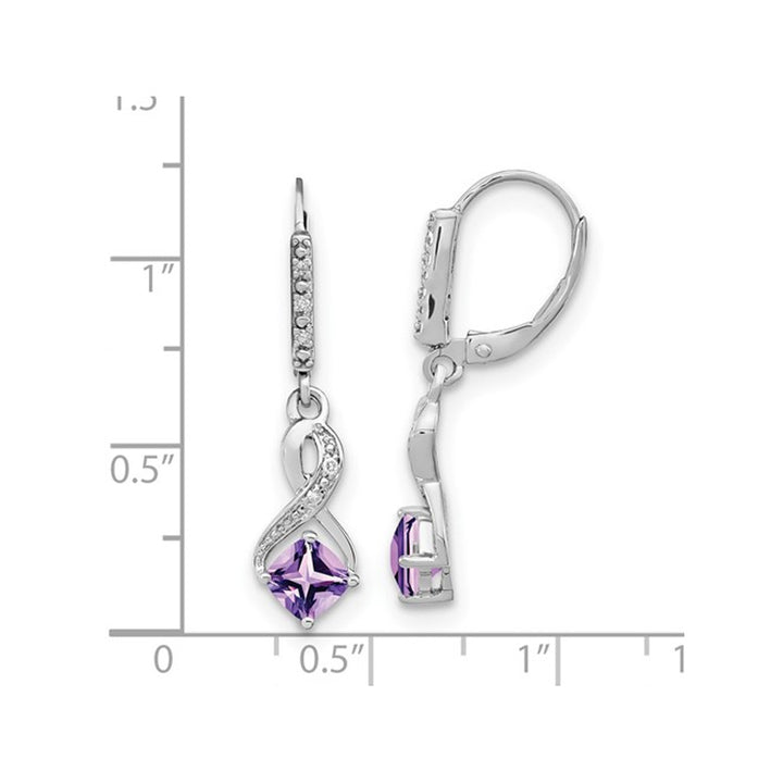 2/5 Carat (ctw) Square Amethyst Drop Earrings in Sterling Silver with Accent Diamonds Image 3