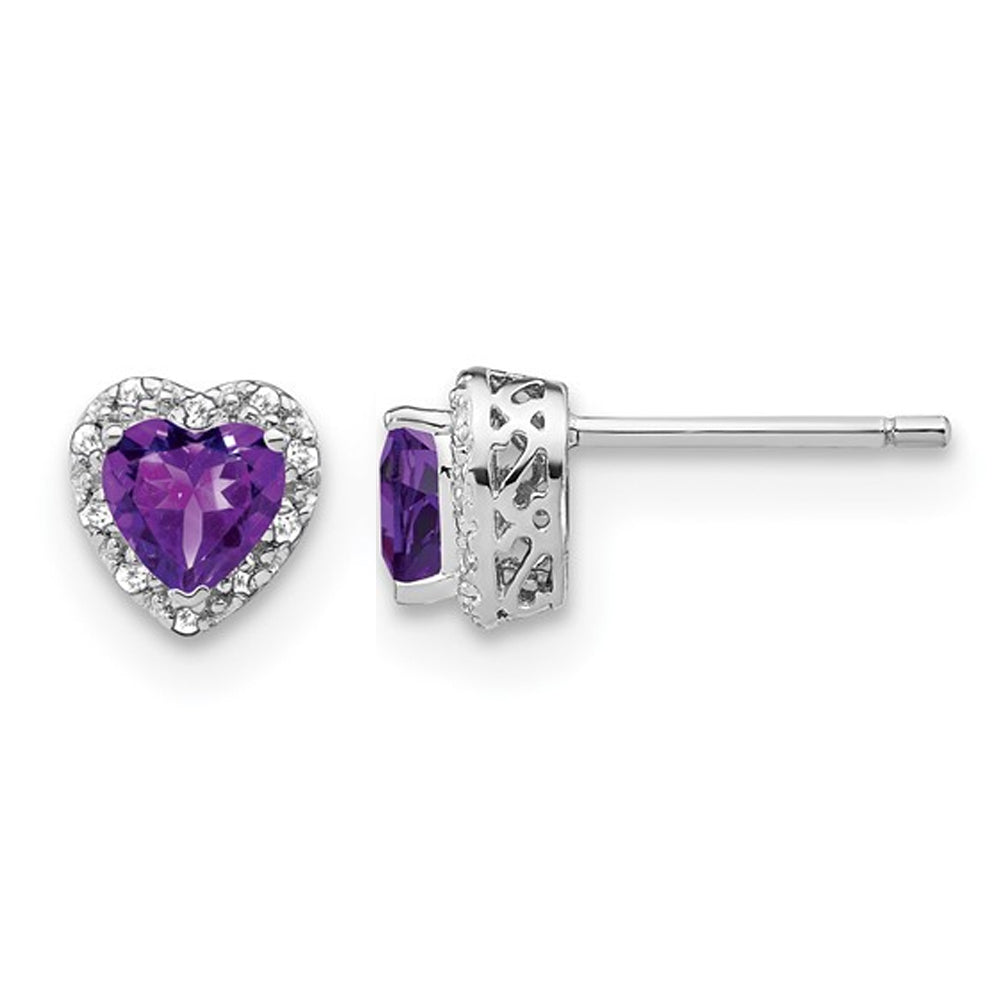 4/5 Carat (ctw) Amethyst Heart Earrings in Sterling Silver with Diamonds Image 1