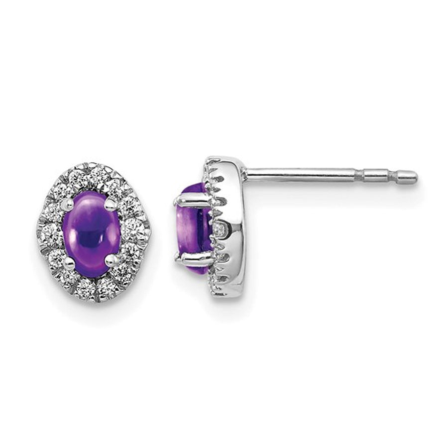 14K White Gold Solitaire 7/10 Amethyst Cabochon Earrings with Diamonds Image 1