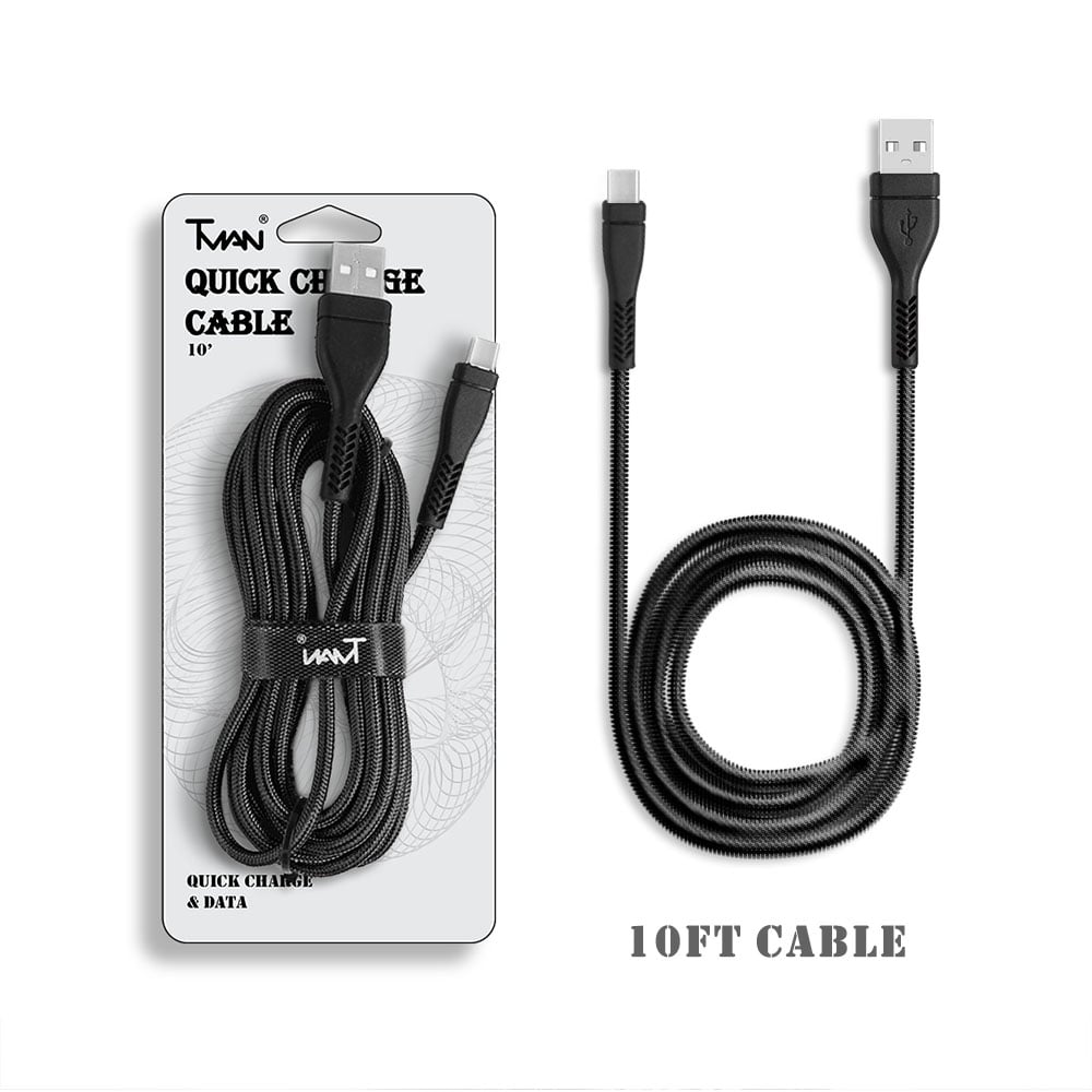 For Universal 10 Ft USB Braided Nylon Round Data Charger Type C Cable Black Image 1