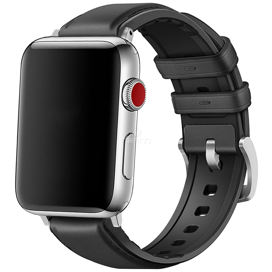 For Apple iWatch Leather Silicone Band Breathable Replacement 42-44 mm Black Image 1