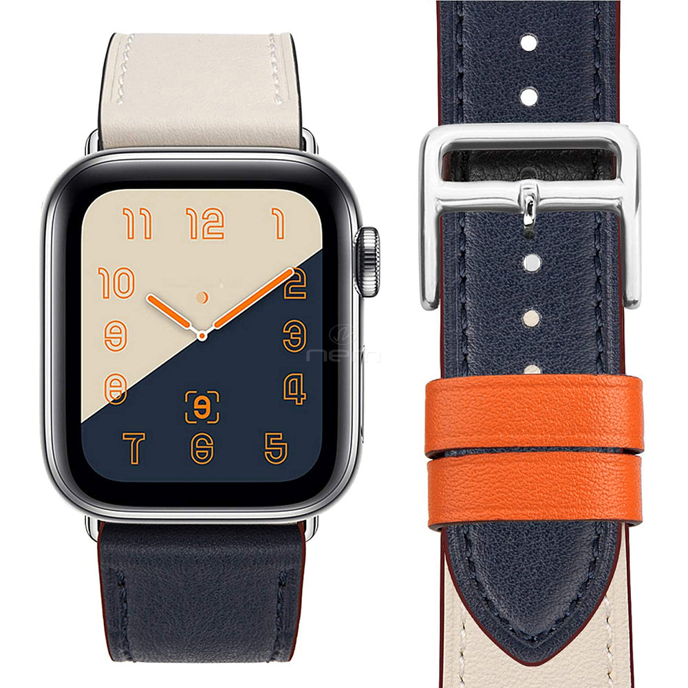 For Apple iWatch 2 Tone Leather Band Breathable Replacement 42-44 mm Blue/Beige Image 2