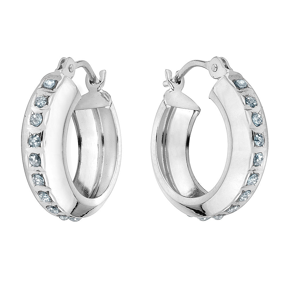 Huggie Hoop Earrings in 14K White Gold (1/2 Inch) with Accent Diamonds Image 2