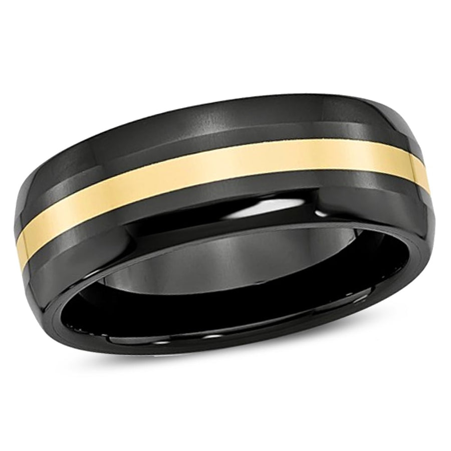 Mens Black Ceramic Wedding Band Ring 8mm with 14K Yellow Gold Inlay Image 1