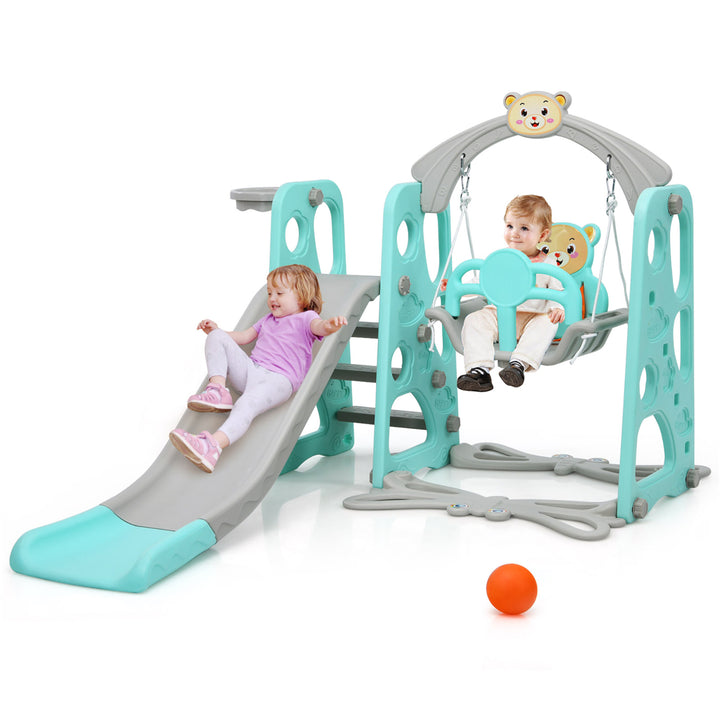 Costway 4-in-1 Toddler Climber and Swing Set w/ Basketball Hoop and Ball Pink\Green Image 4