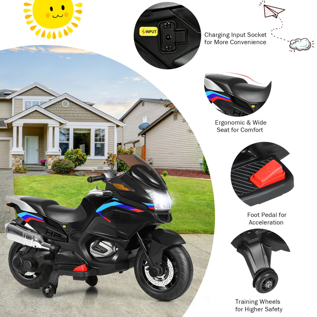 12V Kids Ride On Motorcycle Electric Motor Bike w/ Training Wheels and Light Black Image 8