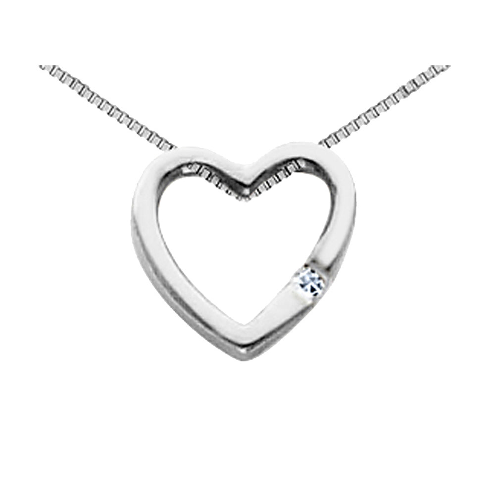 14K White Gold Open Heart Pendant Necklace with Accent Diamond and Chain Image 1