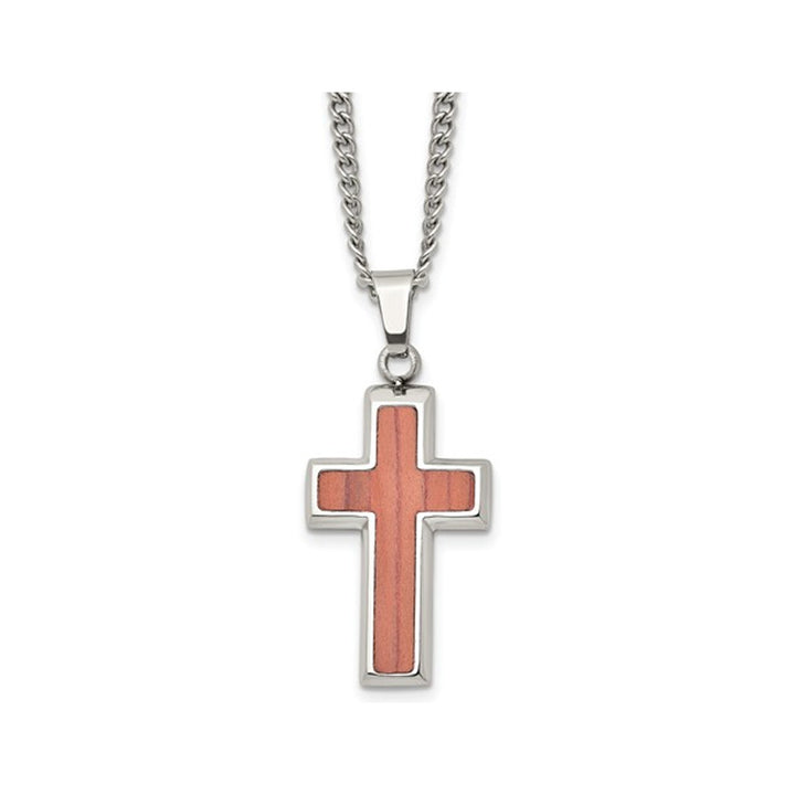 Mens Stainless Steel Polished Wood Inlay Cross Pendant Necklace with Chain Image 1