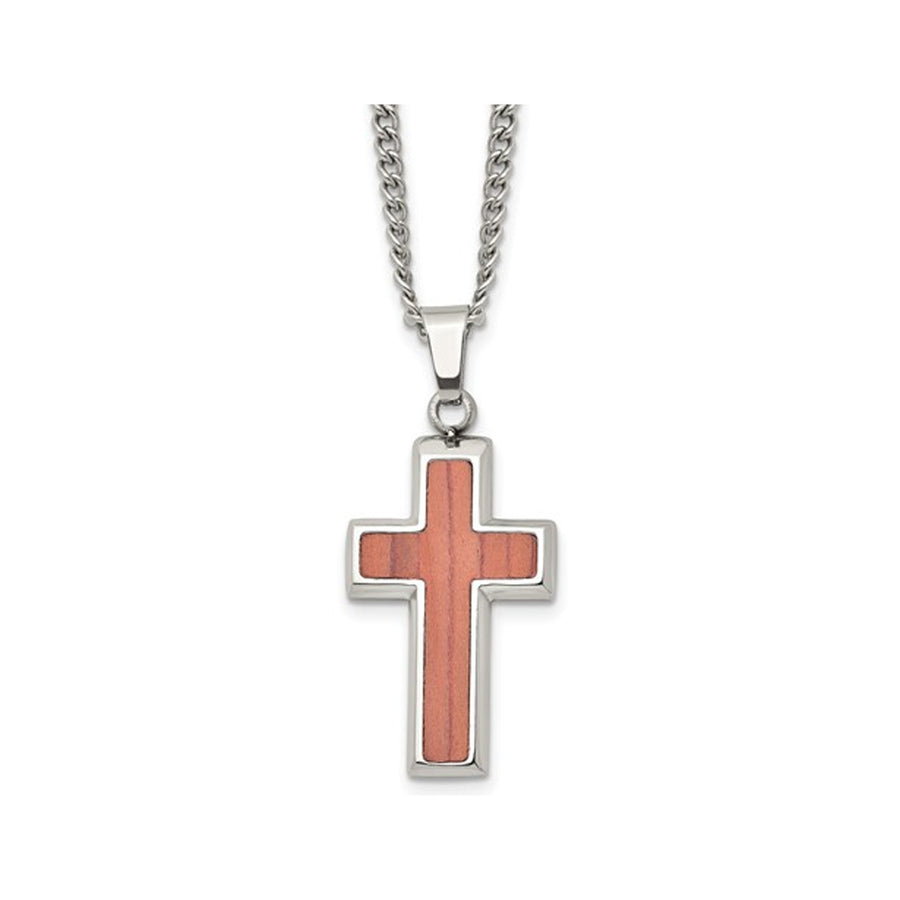 Mens Stainless Steel Polished Wood Inlay Cross Pendant Necklace with Chain Image 1